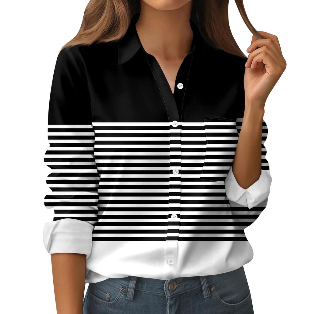 Camicia da Donna Stampata con Bottoni Camicia a Maniche Lunghe Top da Lavoro Business Casual con Tasche Giacca