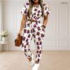 Women Plus Size White Purple Printed Round Neck Short Sleeve Top Drawstring Cuffed Pocket Pants Two Piece Set
