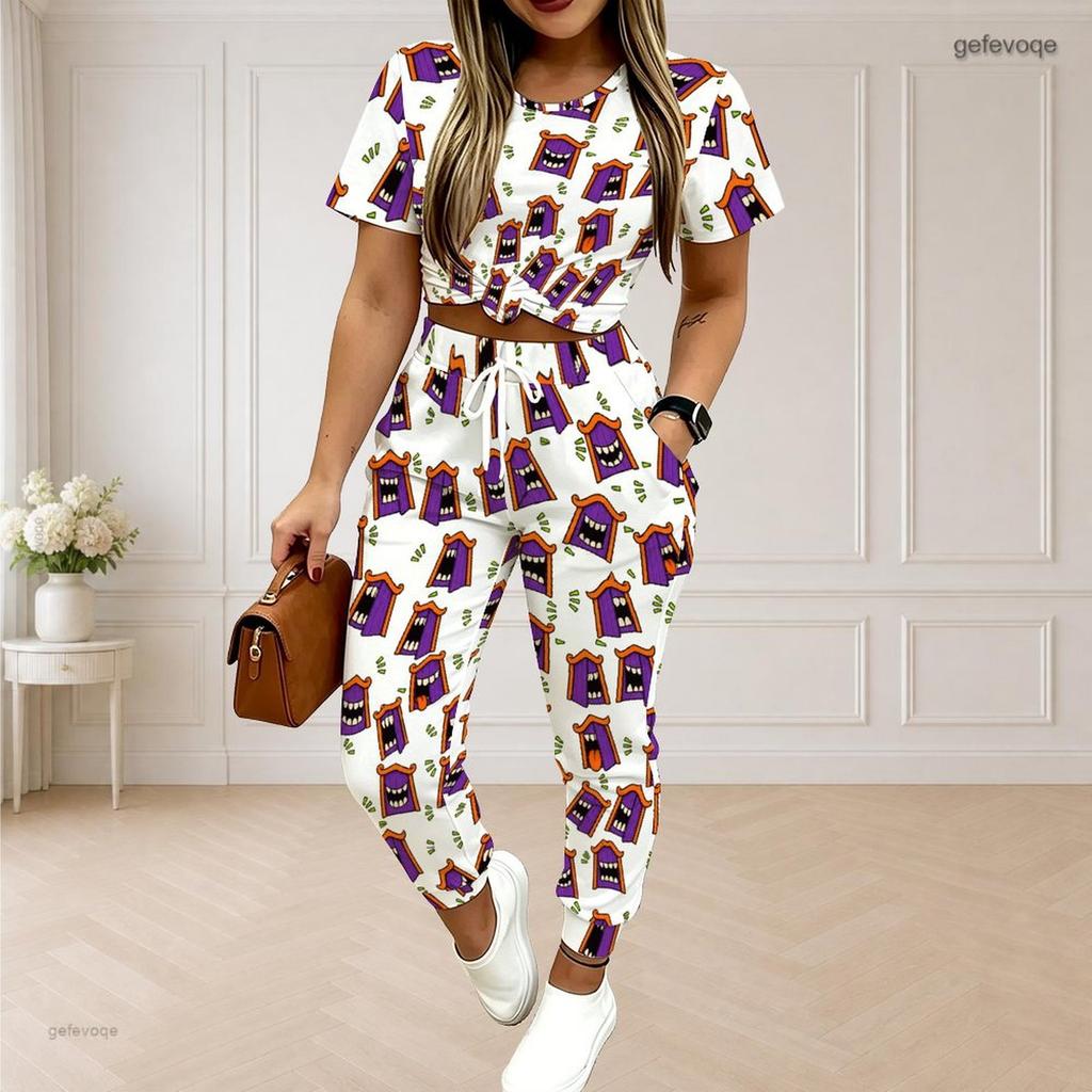 Women Plus Size White Purple Printed Round Neck Short Sleeve Top Drawstring Cuffed Pocket Pants Two Piece Set
