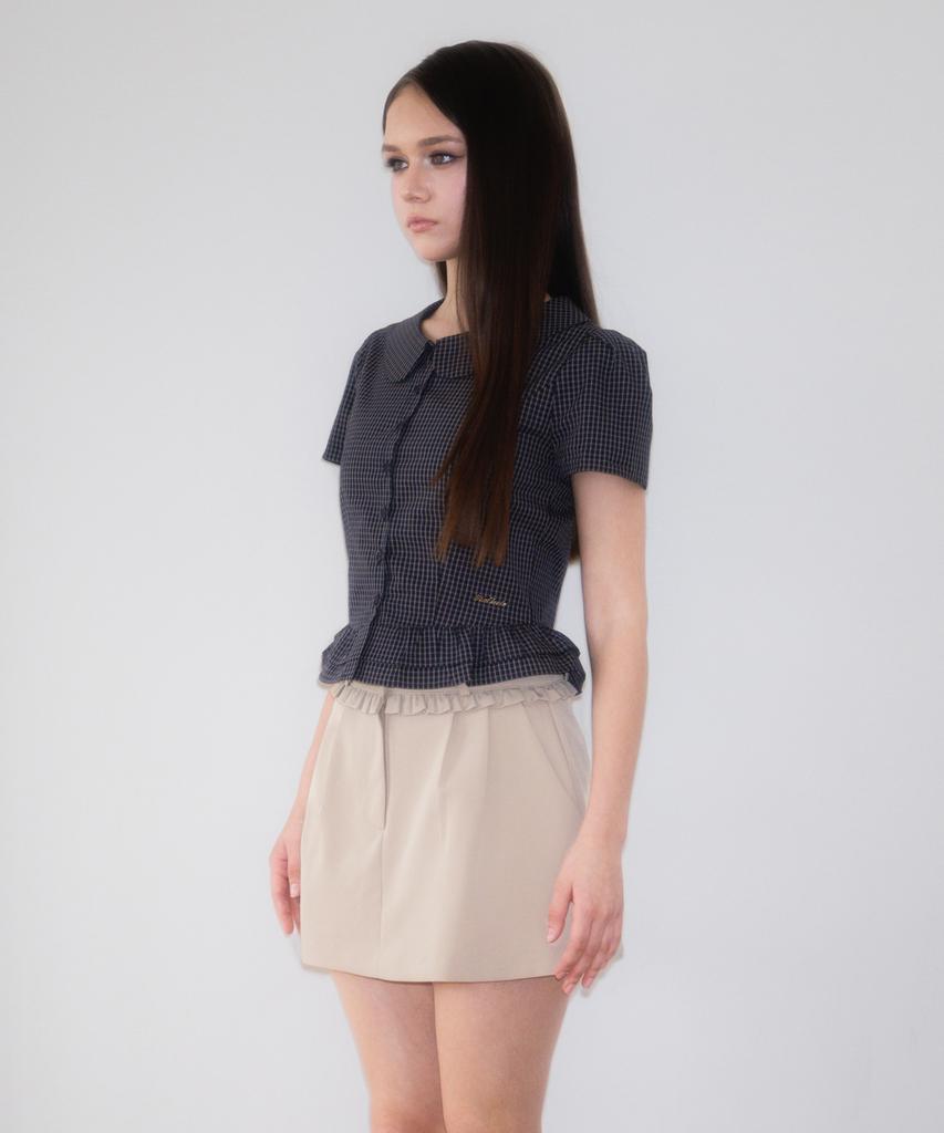 ROSEFRANTZ Puff Sleeve Peplum Check Blouse [Navy]