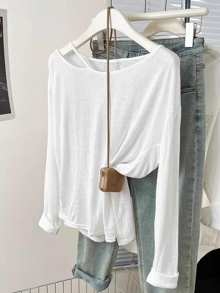 Women's Blue Off-the-Shoulder Sun Protection Long-Sleeve T-Shirt, Summer Loose Fit Cover-Up Top