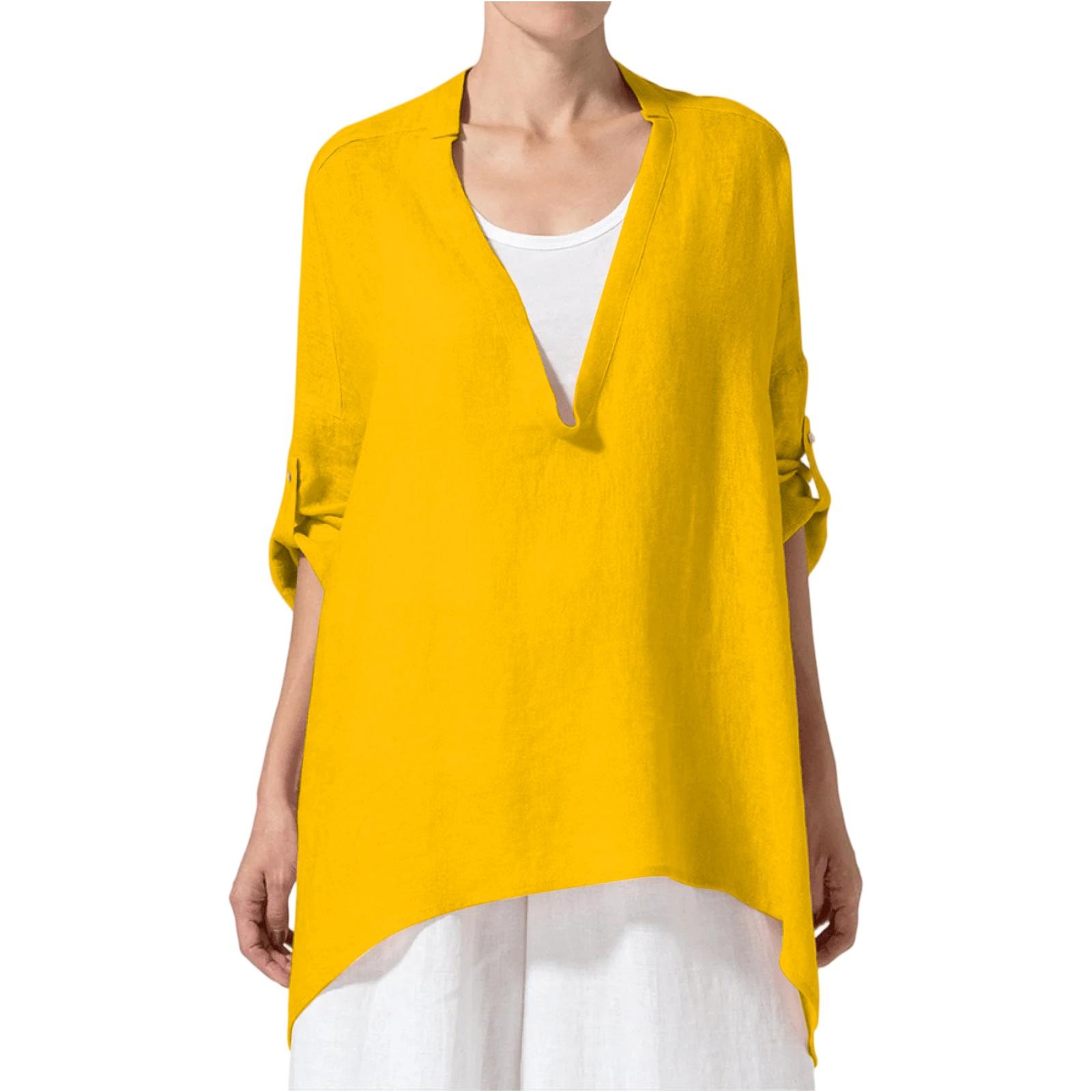 

Модная женская однотонная хлопково-льняная свободная блузка с V-образным вырезом XL жёлтый