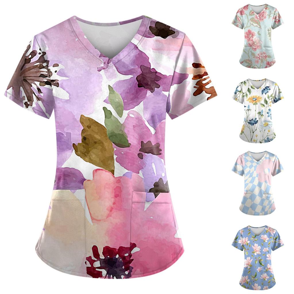 Women Fashion Spring And Summer Oil Painting Print V-neck Short Sleeve Workwear With Pockets Tops