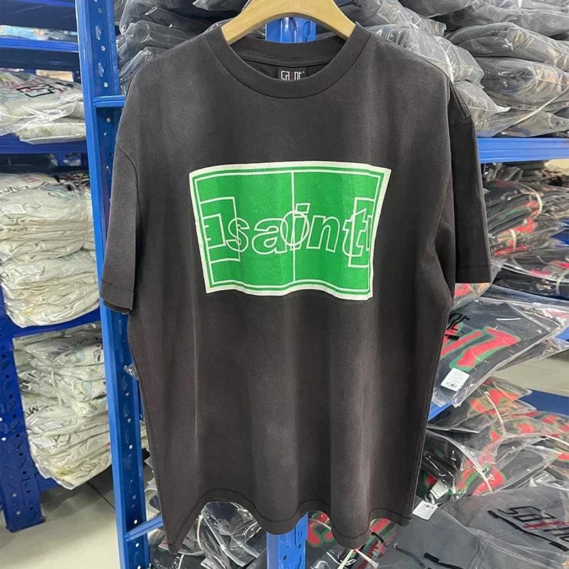 2025 Summer High Quality Cotton Classic Logo Graphics Print Saint Tshirt Unisex Unisex Vintage Washed Black T Shirt Loose Tee