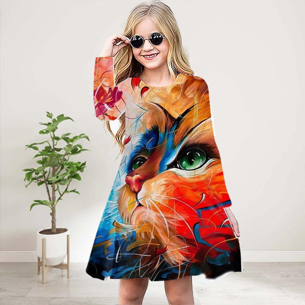 

Повседневное платье для девочек с 3D-принтом, фиолетовым цветком и котом, круглым вырезом, длинными рукавами, детское платье принцессы 180 красный