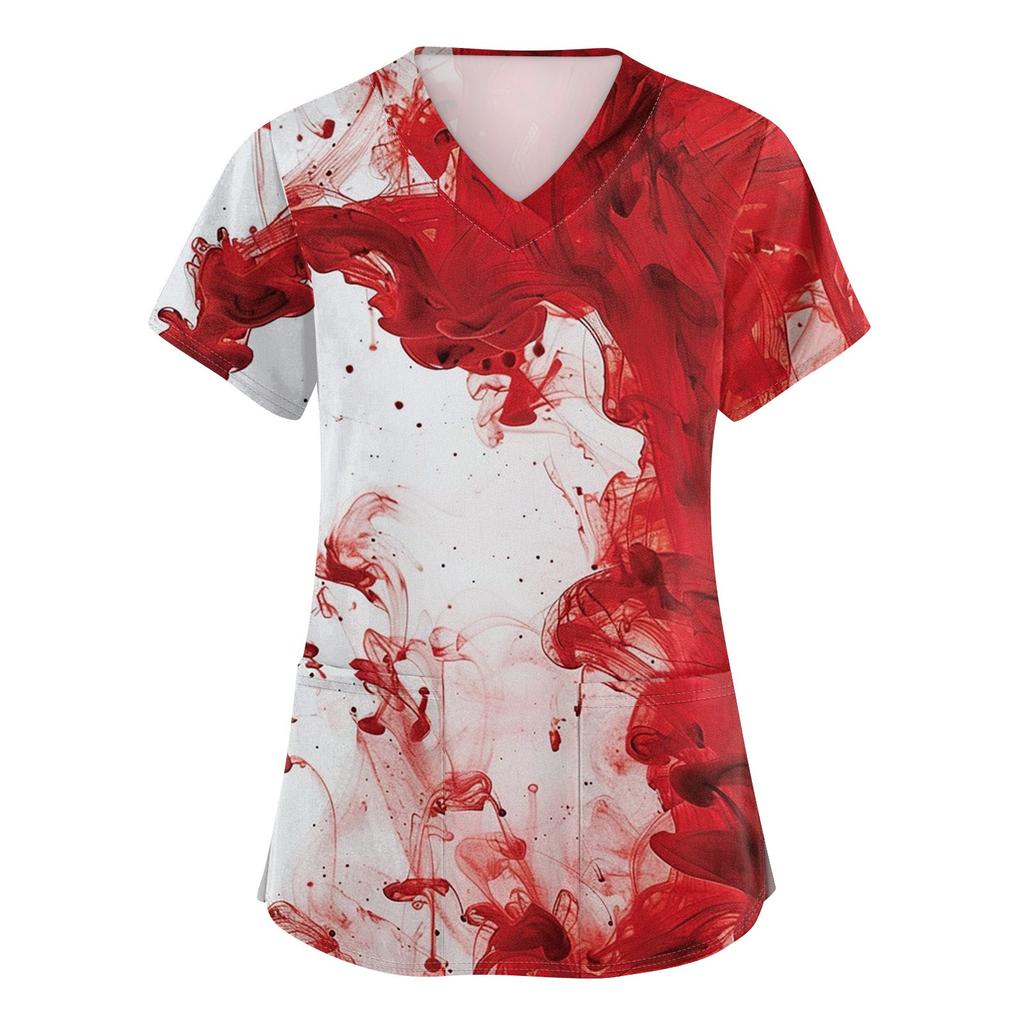 Women's V-neck Halloween Printed Short-sleeved Pocket Side-slit Protective Suit Top