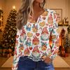Women's Casual Christmas Print V-Neck Long Sleeve T-Shirt with Decorative Buttons for Holiday Parties