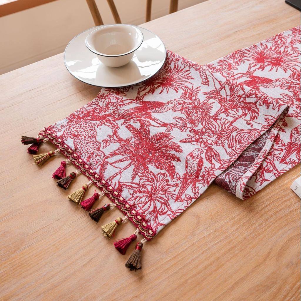 Șervețel de masă cu ciucuri de cocos roșu, material Jacquard cu plante, decorațiuni pentru masa de bucătărie, pentru petreceri de acasă, festivaluri