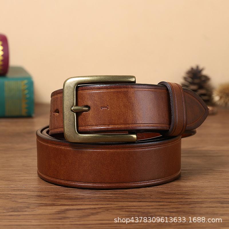 Belt Men's Retro Hand-Rub Color Distressed Pure Cowhide Leather Pin Buckle Fashion Trendy Korean Style Brass Buckle Belt