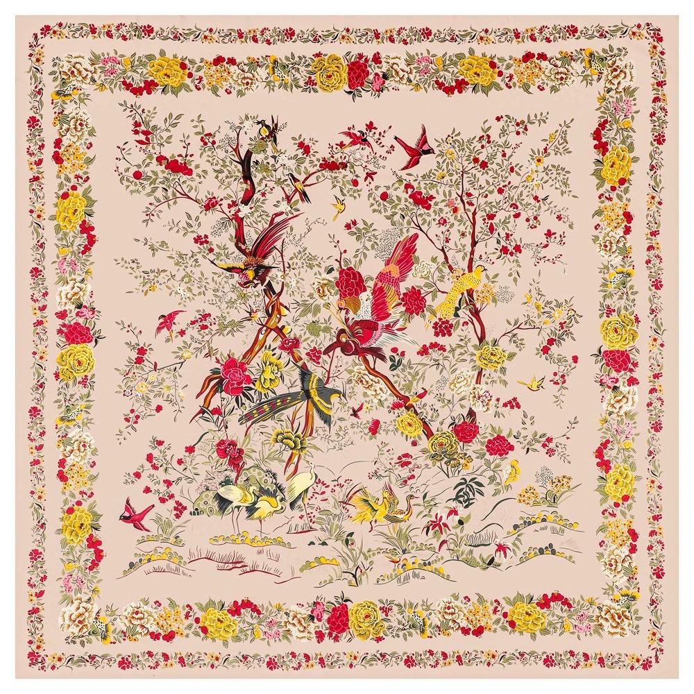 130CM Women Large Shawl Floral and Bird Printed Square Scarves Bandana Luxury Ladies Kerchief Hijab Scarf