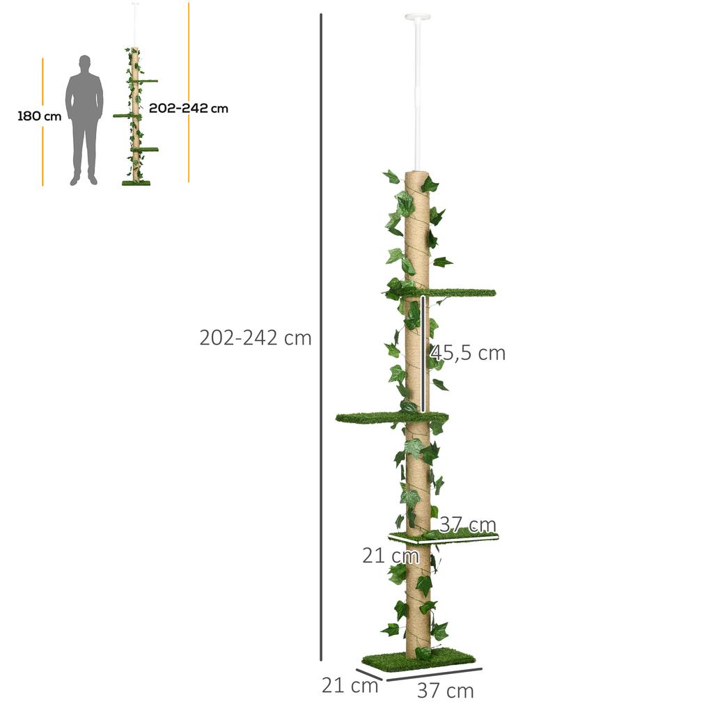 242cm Adjustable Floor-To-Ceiling Cat Tree, with Artificial Decoration, Perches, Anti-Slip Kit - Green