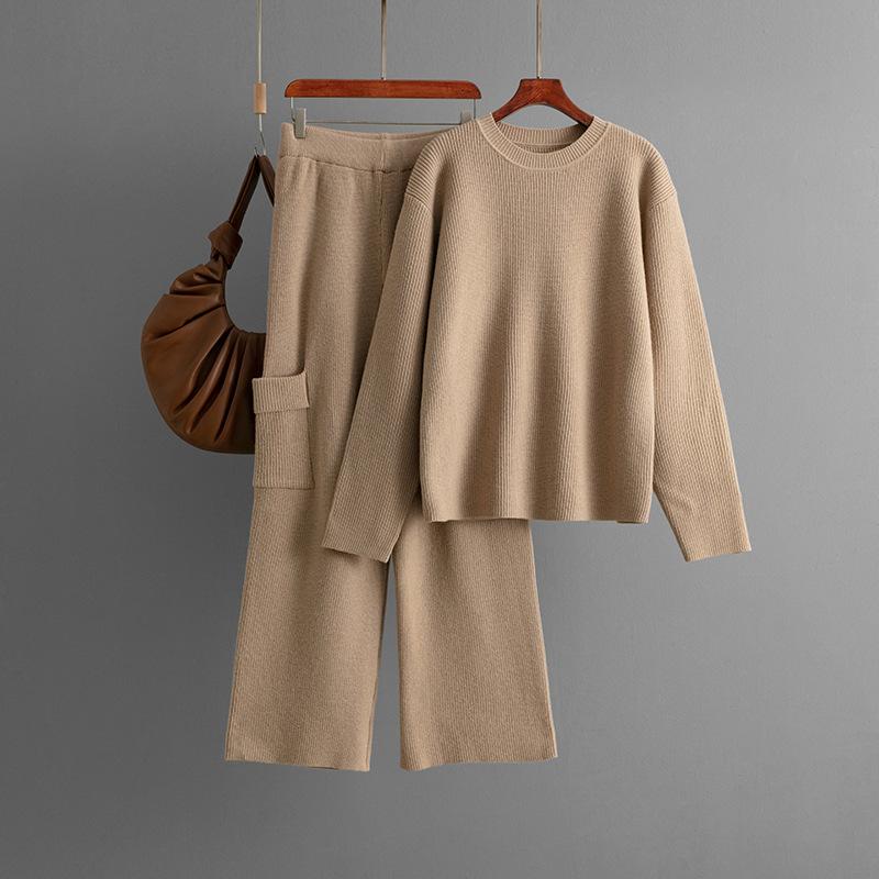 Fashion Round Neck Loose Knitted Suit Women's Autumn and Winter Casual Style Wide-leg Pants Two-piece Set