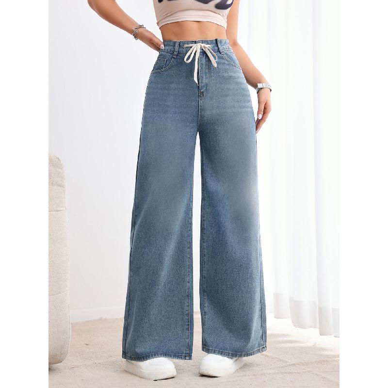 European And American Cross-Border Trade Commuter Versatile Retro Blue Washed High-Waisted Straight-Leg Jeans Floor-Length JEANS Classic