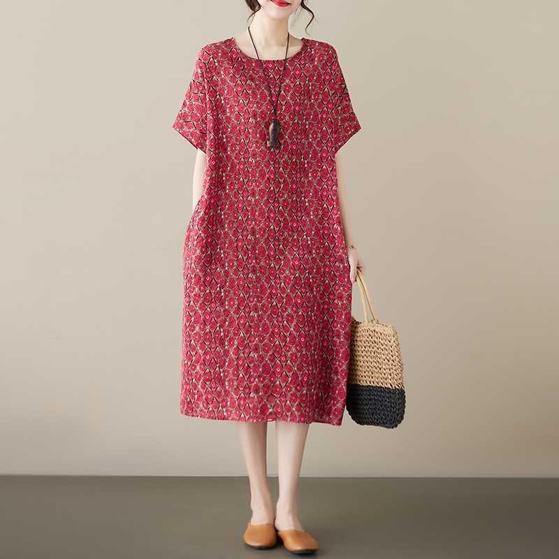 Ancient Red Small Copper Literary Loose Casual Dress Women