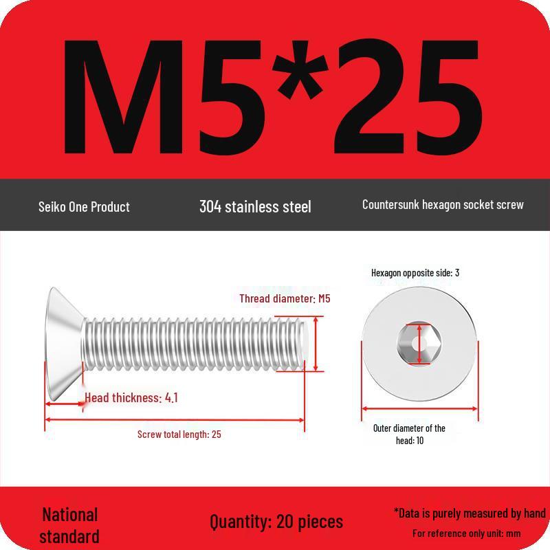 M2-M10 Stainless Steel Flat Head Machine Screws and Bolts Set, Countersunk Hex Socket Cap, 304 Grade.