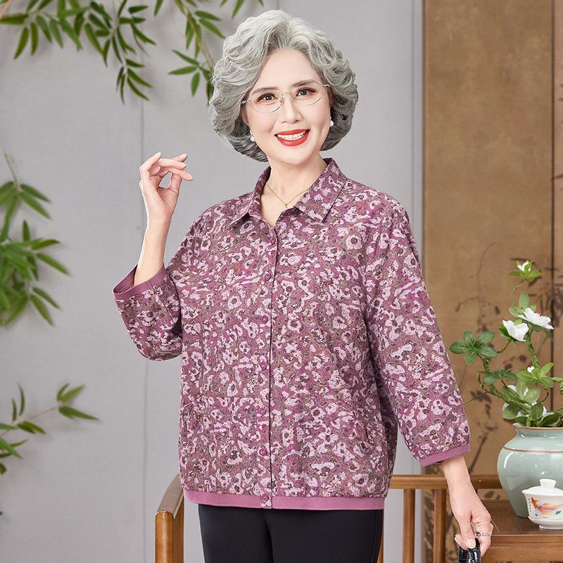 

100% Cotton Seven-Sleeve Lapel Cardigan for Middle-Aged Women L [Recommended 90-110 catties]