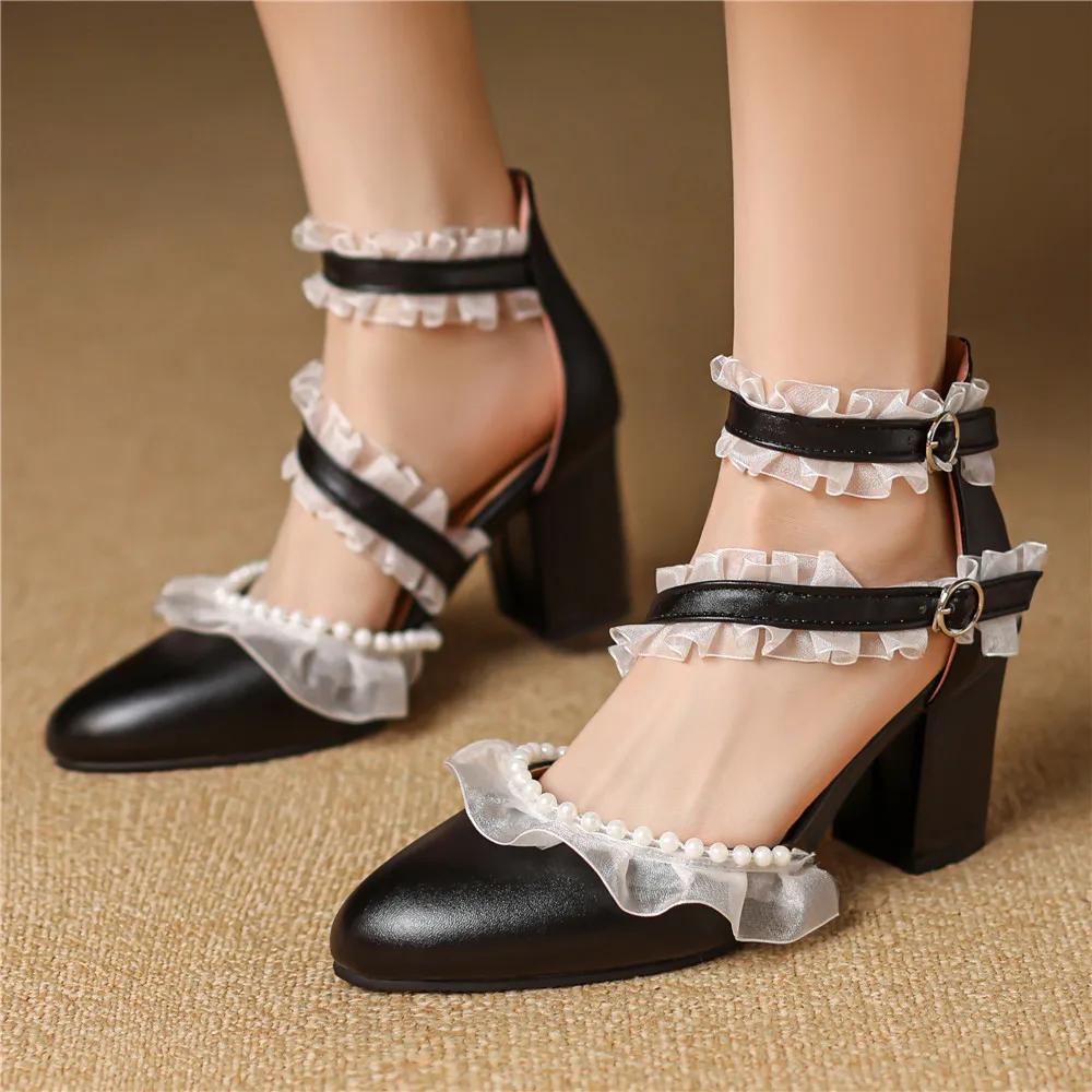 Fashion 2025Spring Summer New Ladies Heels Lace Princess Mary Jane Cute Lolita Shoes Party High Heel Buckle Women Pumps Pink Black White