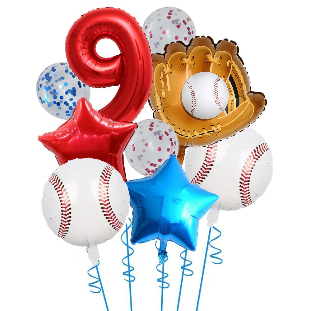 9pcs Baseball Themed Aluminum Foil Balloon Set 32inch Digital Pentagram Glitter Ball Children's Birthday Party Decoration