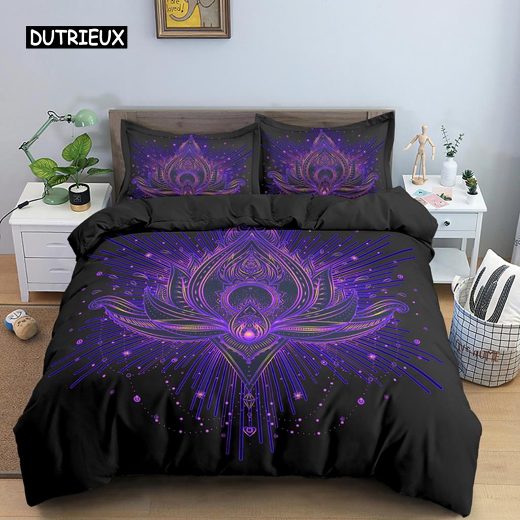 2/3dílná Sada na postel Bohemian Lotus Sada povlaku na přikrývku Mandala Květinový povlak na přikrývku Pro dospělé Černá Polyesterová sada ložního prádla Queen King Twin Pro teenagery