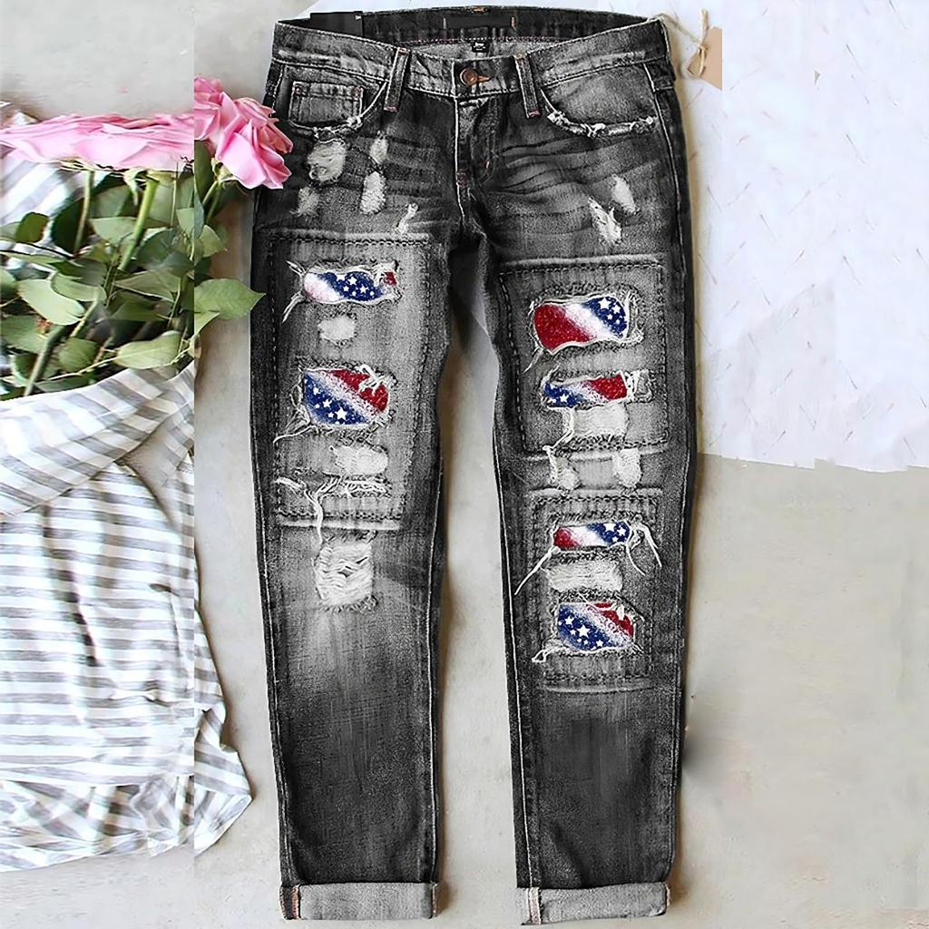 Women's Casual Fashion Printed Ripped Jeans - Trendy Distressed Denim Pants for Comfortable Everyday Wear