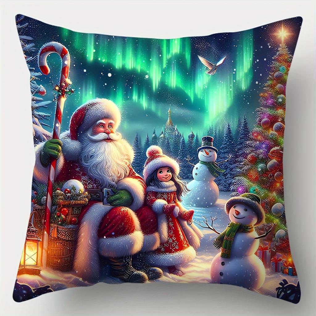 Home Decor Christmas Scenes: Santa, Deer, Snowmen Decor Pattern Cushion Cover Suitable For Sofa Bedroom Car Pillow Cover