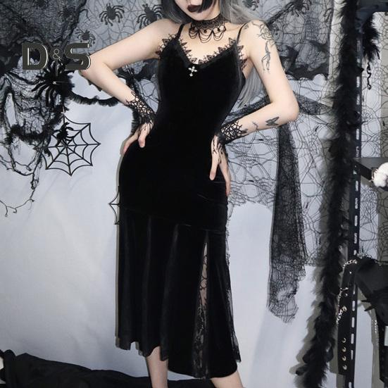 Vestito da cosplay di Halloween da donna, scollo a V, in pizzo, con spalline sottili, orlo a coda di pesce, stile scuro, gotico medievale, vintage, senza maniche, spettacolo teatrale