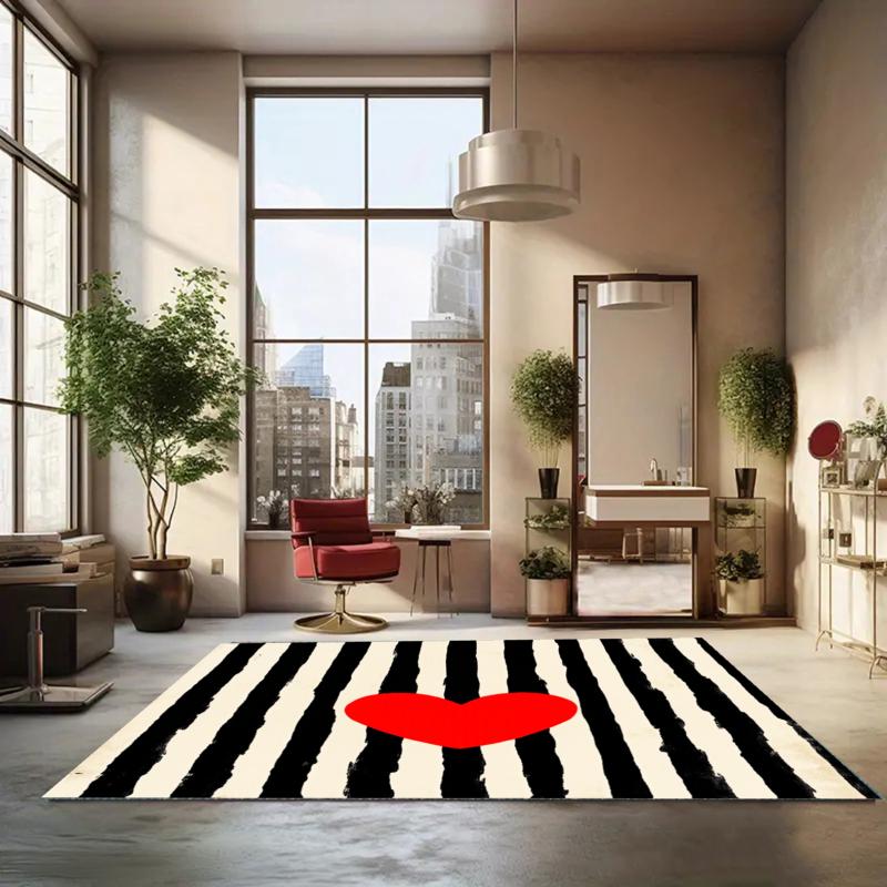 Pop Art Heart Rug Black White Stripe Entryway Doormat Front Door Rugs Non Slip Soft Easy Clean Durable Romantic Decor Carpet