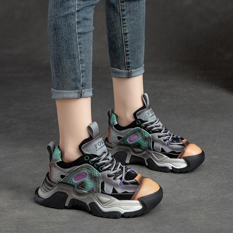 Retro Vintage Dad Shoes Thick Sole Height Increasing Full Cowhide Casual Women Sneakers