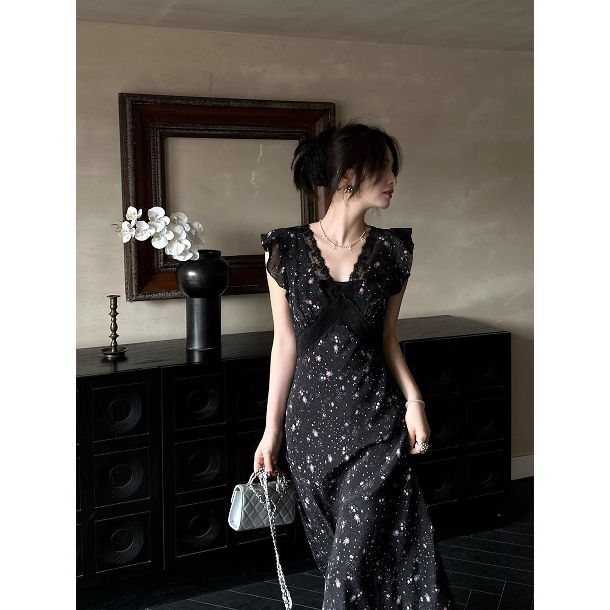 French black lace suspender floral dress children s summer new high-end temperament pinched waist dress S чёрный