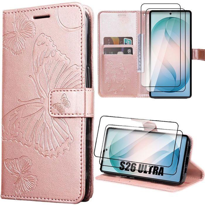 Coque pour Samsung Galaxy S26 Ultra, Antichoc Effet Cuir Rose Motif Papillon - 2 Verres Trempés