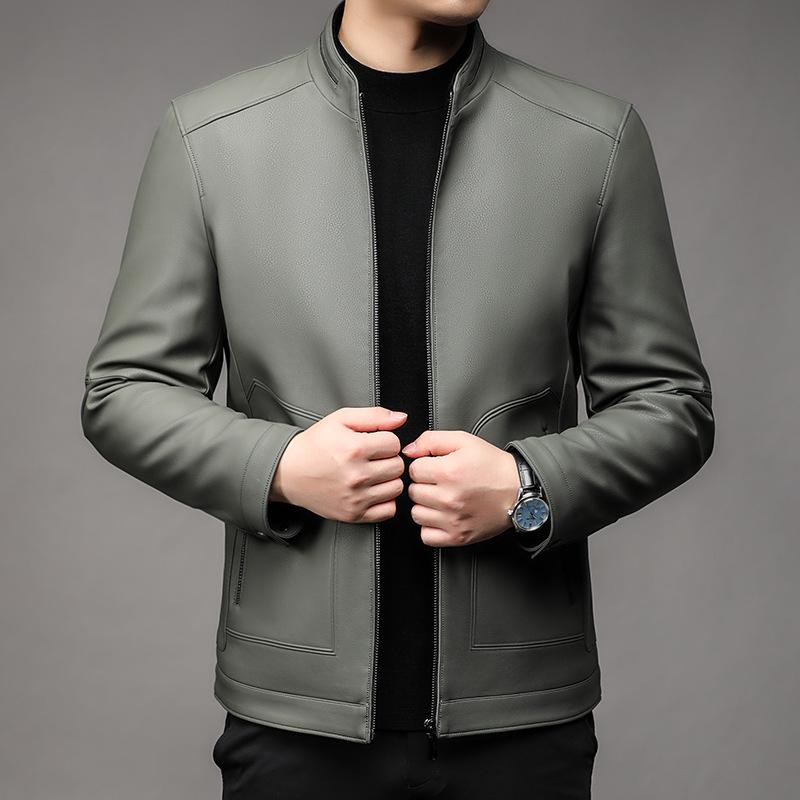 

New Stand-up Collar Leather Jacket for Men, Autumn and Winter Leather Jacket for Men, Business Casual Plus Fleece Leather Jacket 195