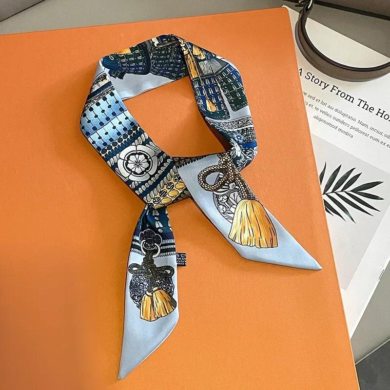 Silk Scarf Women Luxury Chain Print Bag Skinny Scarves Wraps Wrist Towel Foulards Neckerchief Headband Muslim Hijabs