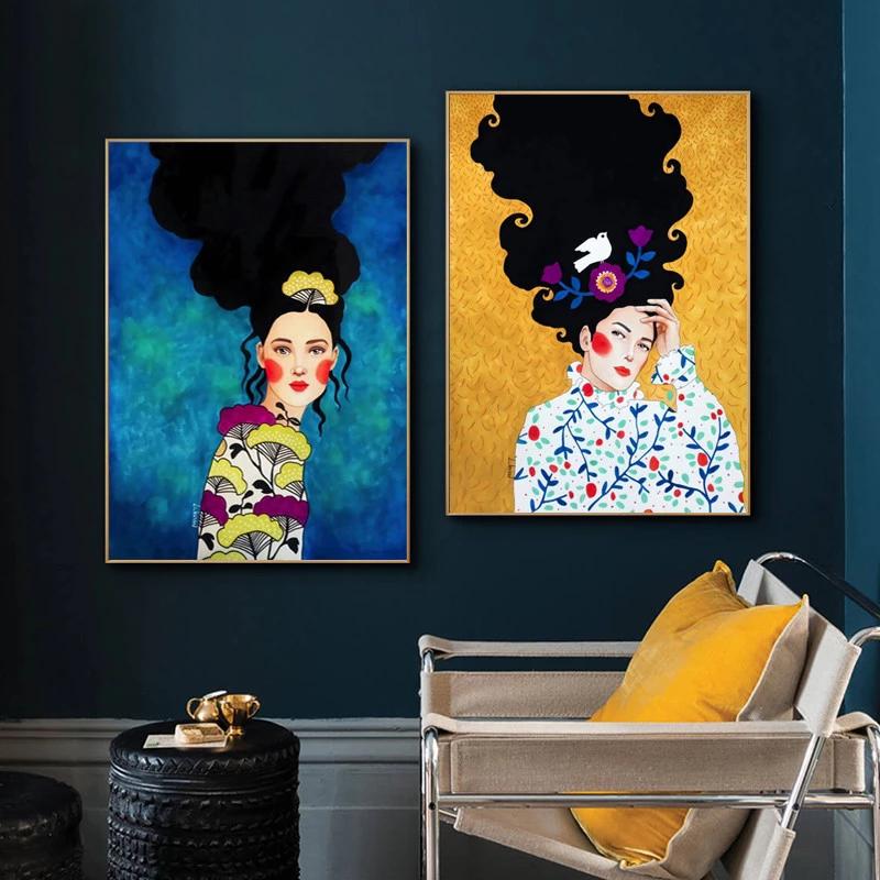Vintage Plakát Abstraktní Dívka Vlasy Květina Pták Tisk Barevné Nástěnné Umění Severské Plátno Malba Nástěnné Obrázky pro Dekoraci Obývacího Pokoje Bez Rámu