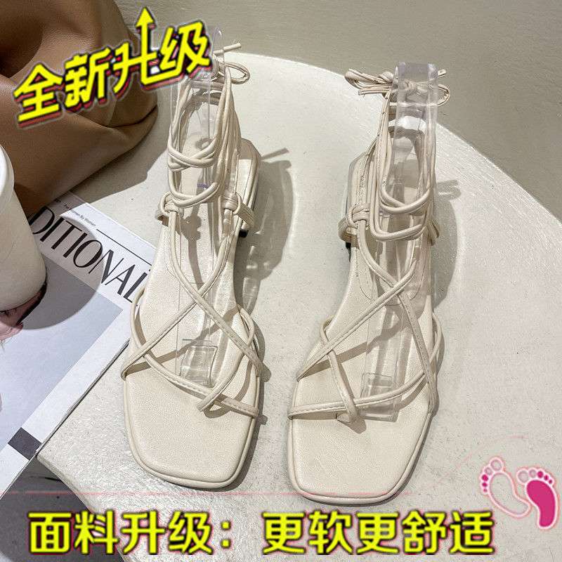 Summer 2025 New Versatile Cross-strap Open-toed Square-headed Fairy Wind Mid-heel Lace-up Roman Sandals