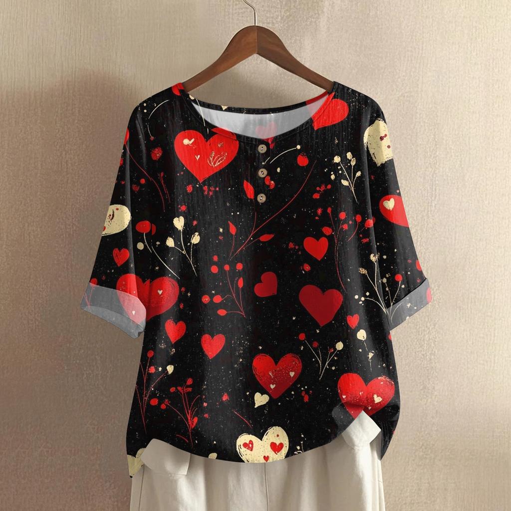 Damska casualowa i wygodna bawełniano-lniana bluzka z okrągłym dekoltem, średniej długości, z modnym nadrukiem