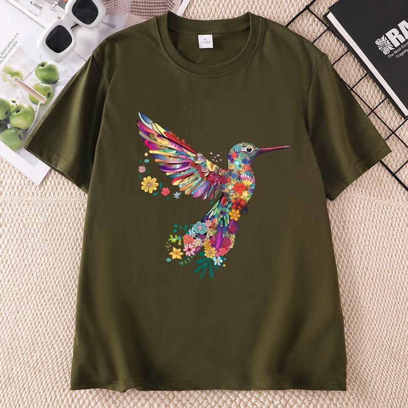 Floral Hummingbird TShirt Animal Lover Tee Bird T Shirts Trendy Short Sleeve T Shirts Unisex Ladies Summer Cotton Tshirts