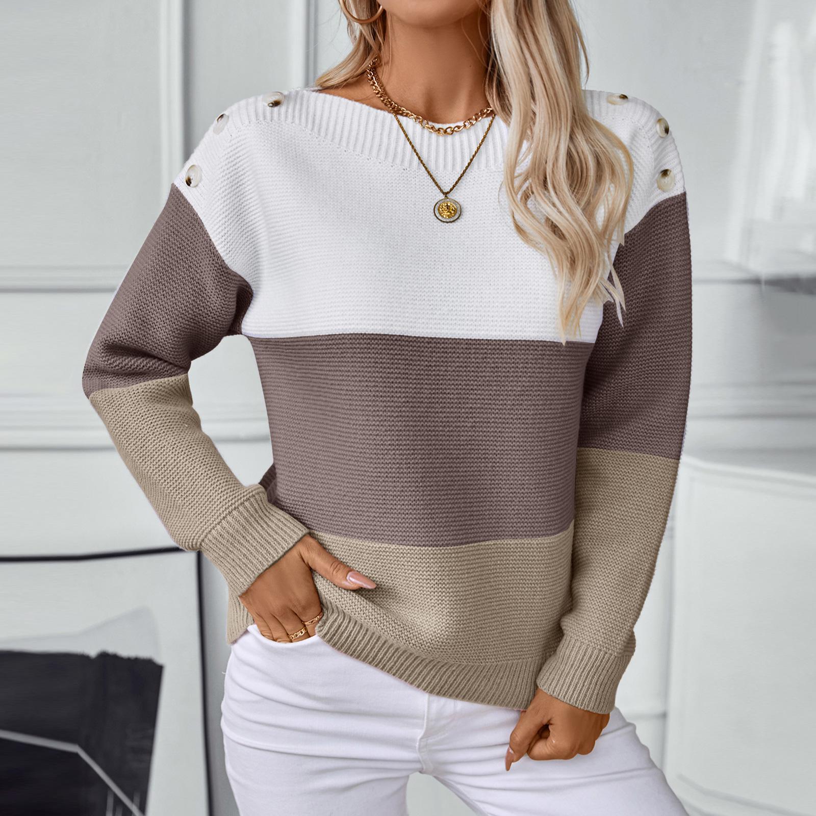 

Женский модный повседневный пуловер на одно плечо с пуговицами, вязаный кардиган, пуловер контрастного цвета, свитер с длинным рукавом свободного кроя S коричневый