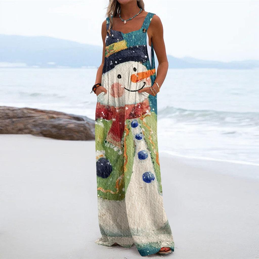 Women's Christmas Print Solid Wide Leg Strapless Tank Pocket Casual Onesie