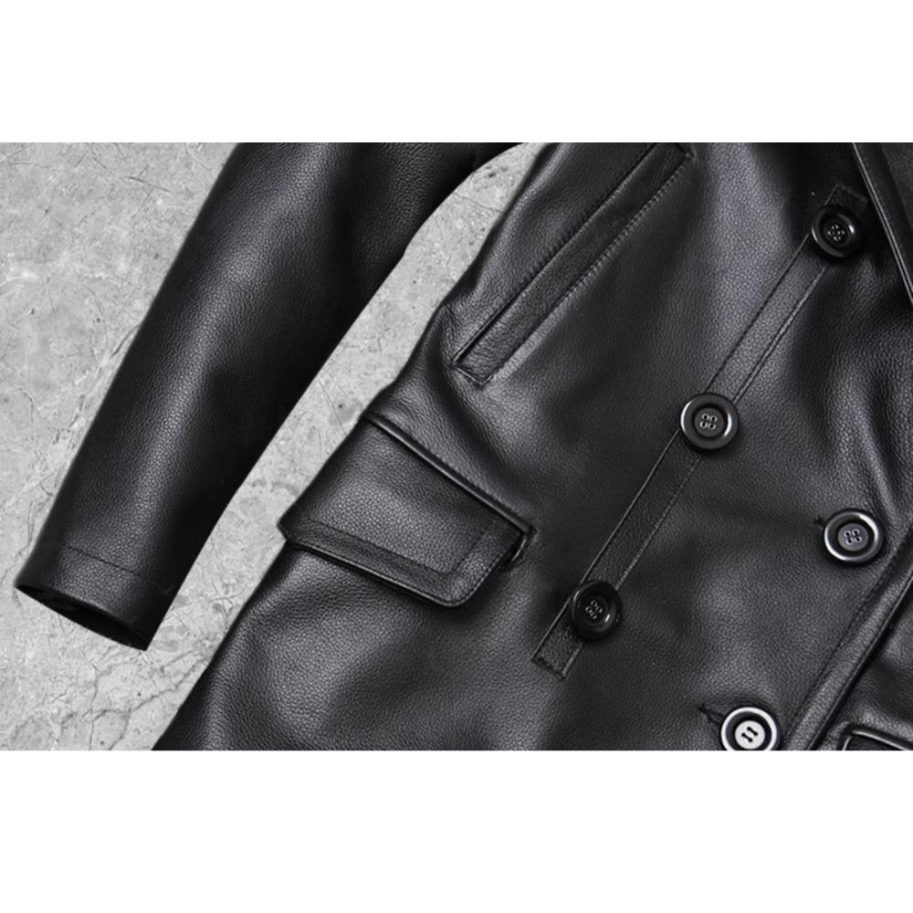 Chinese Size Long Jacket Men Genuine Leather Wind Coat Classic Black Plus Size Cowhide Jacket Casual Leather Cloth