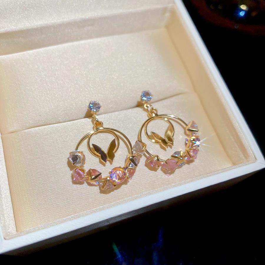 Silver Needle Pink Butterfly Zircon Cutout Stud Earrings - High-End Luxury Fashion Jewelry