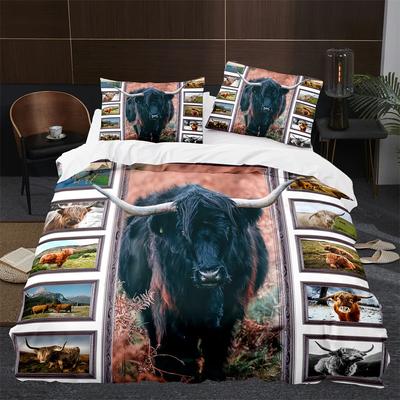 Highland Kuh Bettbezug King Queen Vieh Bettwäscheset Bauernhaus Tier Steppdeckenbezug Western Lustiger Bulle Polyester Bettdeckenbezug