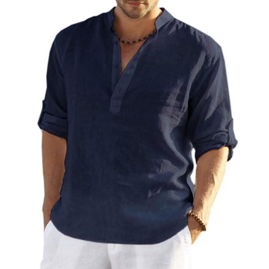 Camicia estiva da uomo maniche lunghe colletto alla coreana tinta unita pullover ampio abbigliamento quotidiano bottoni casual taglie forti uomo top abbigliamento maschile