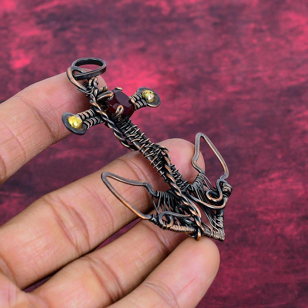 Faceted Mozambique Garnet Gemstone Pendant Copper Wire Wrapped Anchor Pendant
