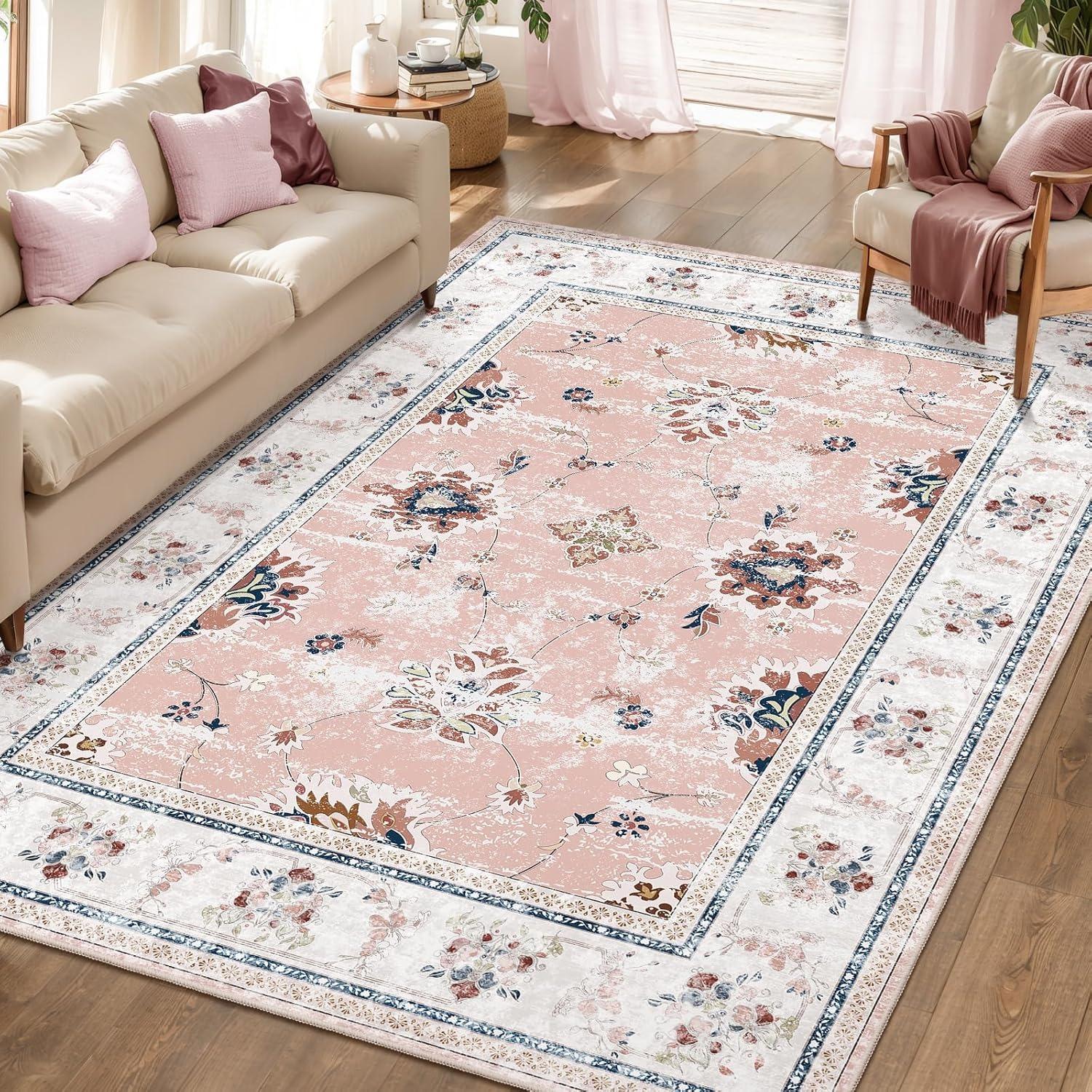

Pink Vintage Living Room Carpet Bohemian Style Light Luxury Bedroom Rug Large Area Machine Washable Non-slip Coffee Table Mat 50x80cm (19x31inch)