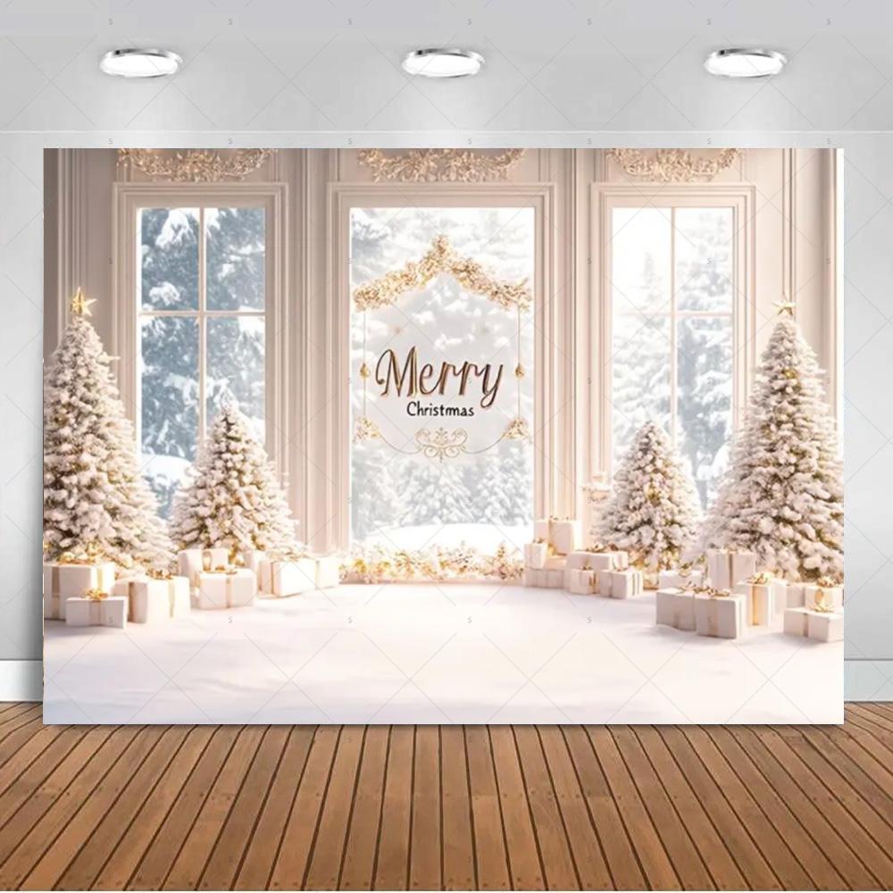White Christmas Snow Scenery Background Xmas Tree Garland Gifts Photography Backdrop Family Xmas Party Decoration Photo Studio