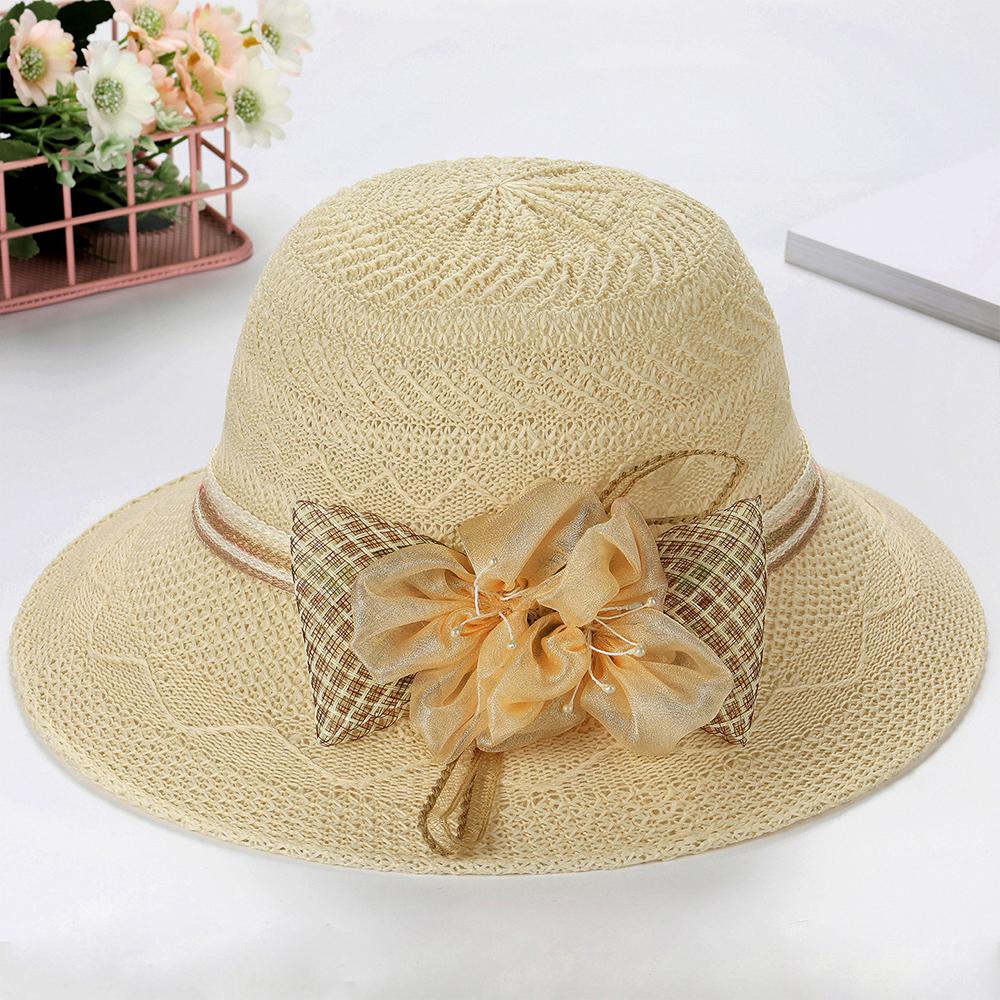 Fashion Sunscreen Beach Hat Casual Sun Cap Bucket Hat Bow Flowers Straw Hat Spring Summer Elegant Foldable Women Wide Brim Hat
