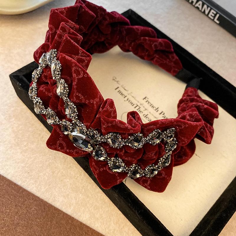 Vintage Velvet Diamond Folded Bow Headband Sweet Headband Internet Celebrity Personality Hair Accessories Women