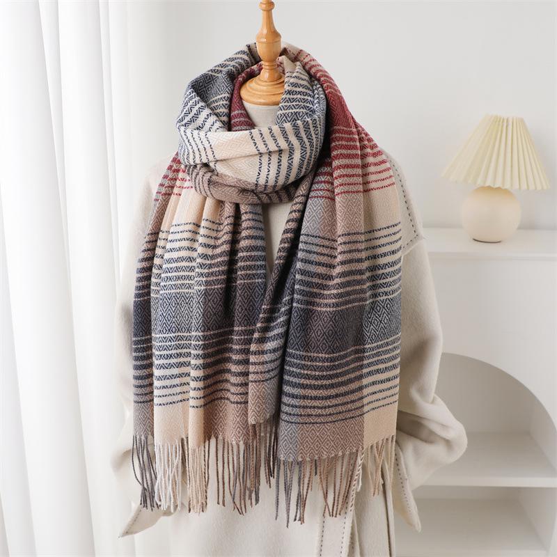 Simple Korean Style Plaid Women Scarf Imitation Cashmere Shawl Winter Thick Warm Neckerchief Echarpe Wrap Designer Lady