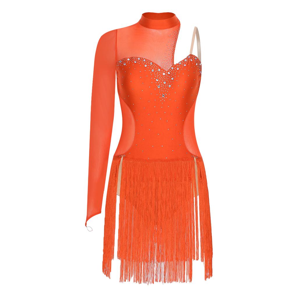 Damen Latin Tango Tanzkostüm Durchsichtiges Netz Patchwork Cut-out Rücken Funkelnde Strasssteine Asymmetrisches Fransenkleid