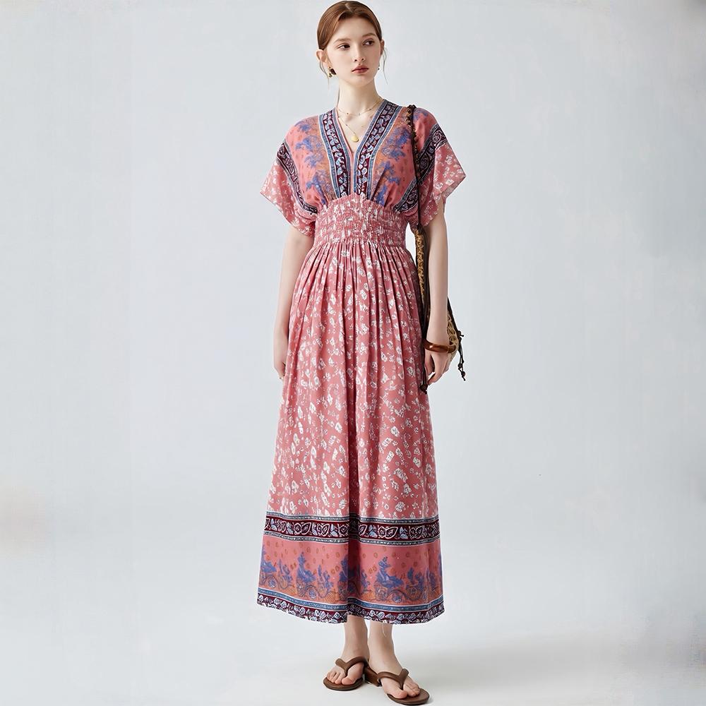 Bohemian-Style Cotton-Silk V-Neck Batwing Print Dress Summer Casual Vacation Beach Dress